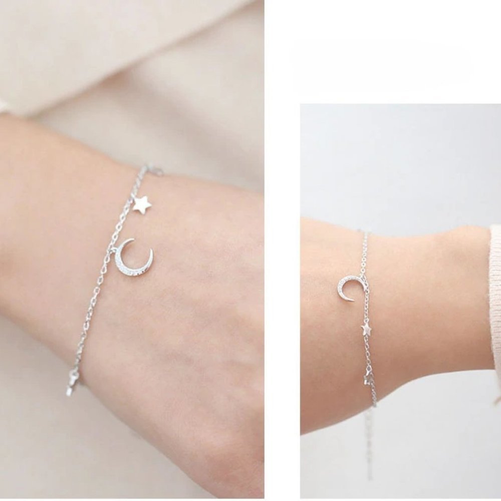 925 Sterling Silver Diamond Moon Star Bracelet A - Picture 6 of 8
